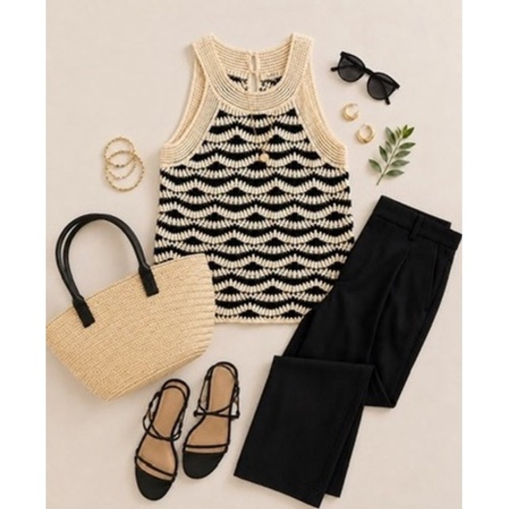 LOFT Black White Knit Halter Tank Top Size XS Cotton Keyhole Back